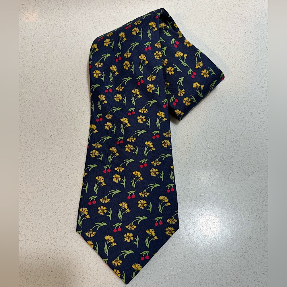 Hermes Floral Cherry Navy Men’s Silk Tie Vintage